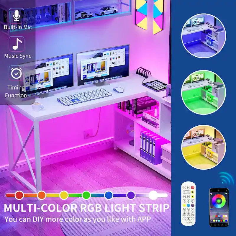 Brown / Grey / White Reversible L-Shaped Desk with Shelves, Power Outlets & RGB Light