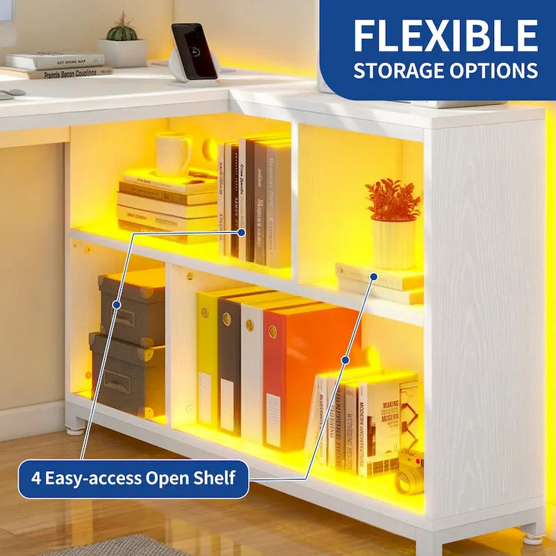 Brown / Grey / White Reversible L-Shaped Desk with Shelves, Power Outlets & RGB Light