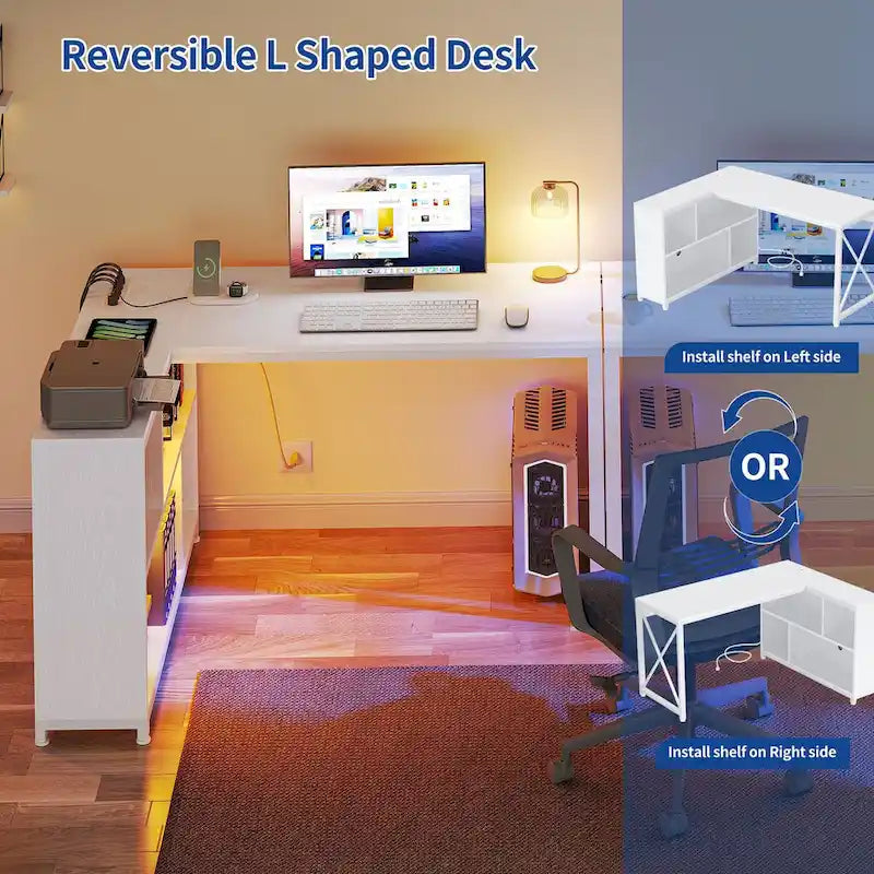 Brown / Grey / White Reversible L-Shaped Desk with Shelves, Power Outlets & RGB Light