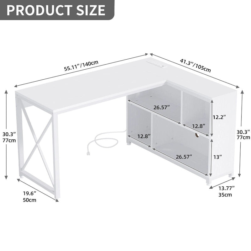 Brown / Grey / White Reversible L-Shaped Desk with Shelves, Power Outlets & RGB Light