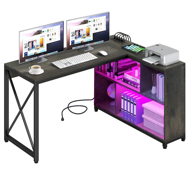 Brown / Grey / White Reversible L-Shaped Desk with Shelves, Power Outlets & RGB Light