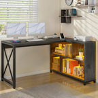 Brown / Grey / White Reversible L-Shaped Desk with Shelves, Power Outlets & RGB Light