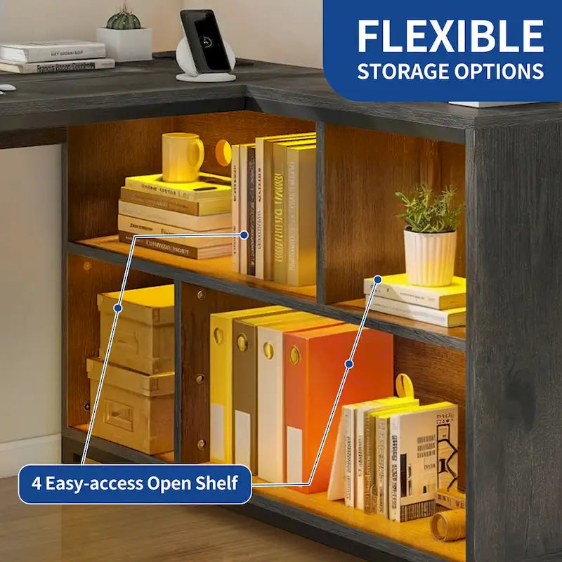 Brown / Grey / White Reversible L-Shaped Desk with Shelves, Power Outlets & RGB Light