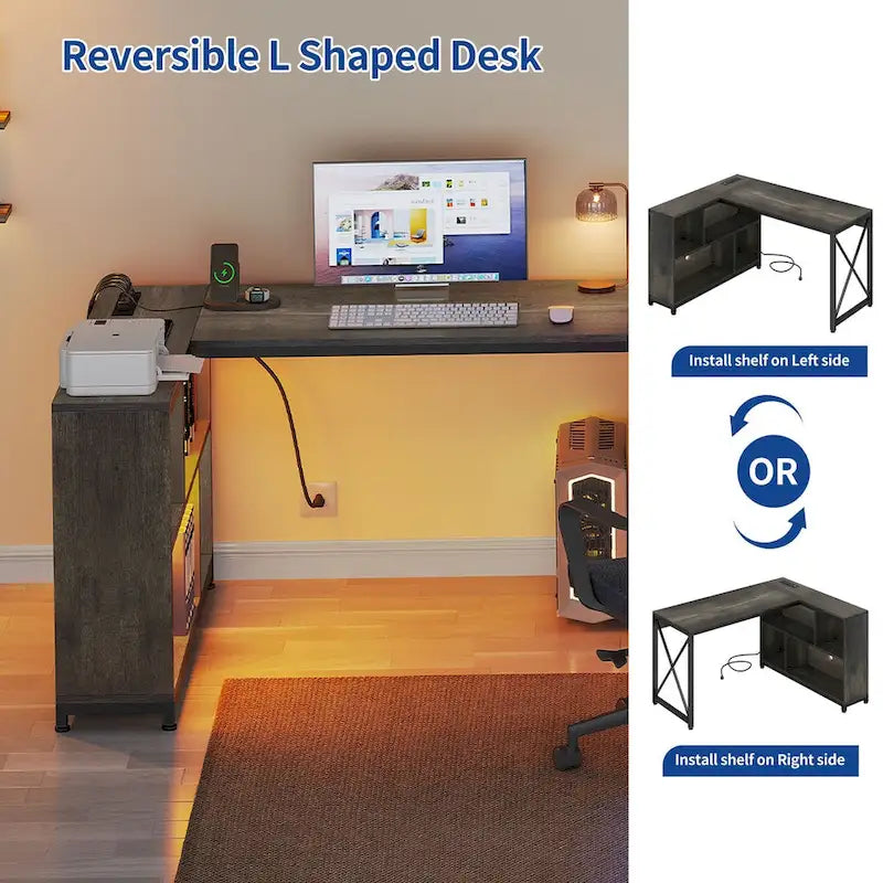 Brown / Grey / White Reversible L-Shaped Desk with Shelves, Power Outlets & RGB Light