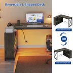 Brown / Grey / White Reversible L-Shaped Desk with Shelves, Power Outlets & RGB Light
