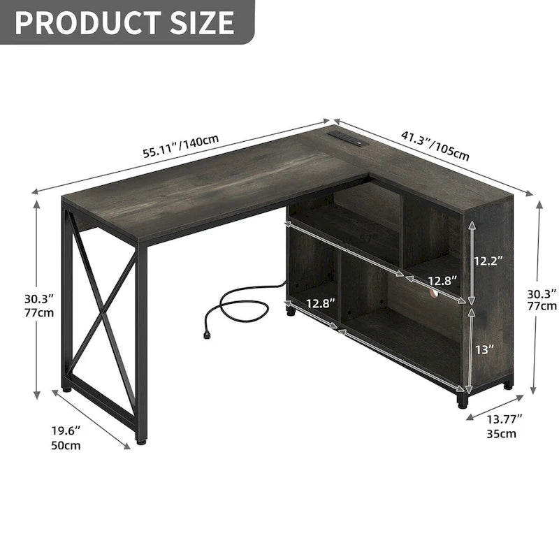 Brown / Grey / White Reversible L-Shaped Desk with Shelves, Power Outlets & RGB Light