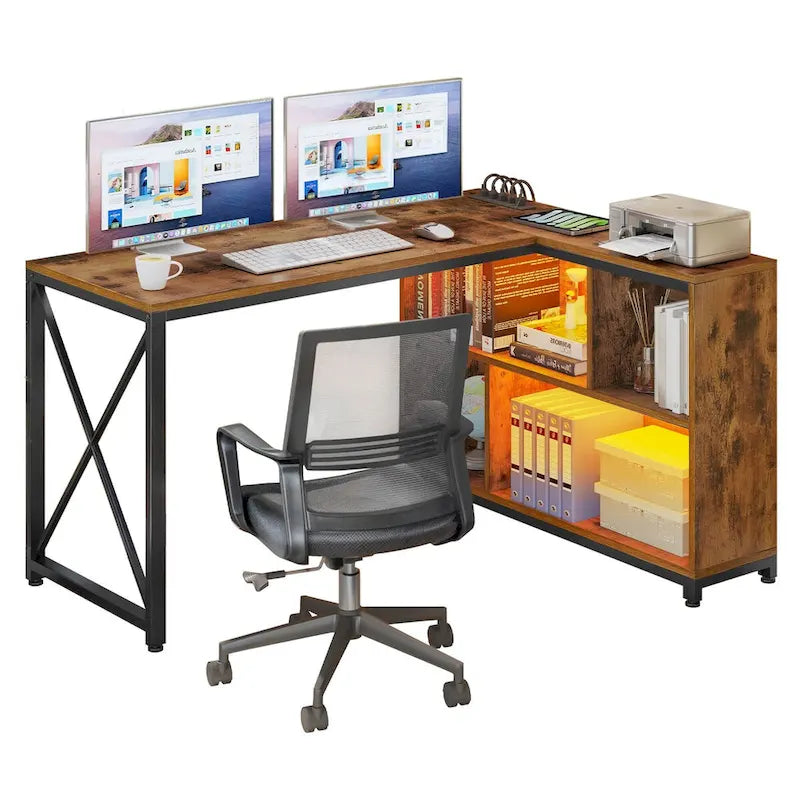 Brown / Grey / White Reversible L-Shaped Desk with Shelves, Power Outlets & RGB Light