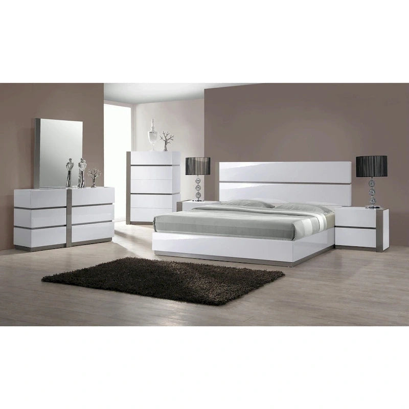 White & Gray High Gloss Platform Bed – Queen / King, Sleeps 1–2